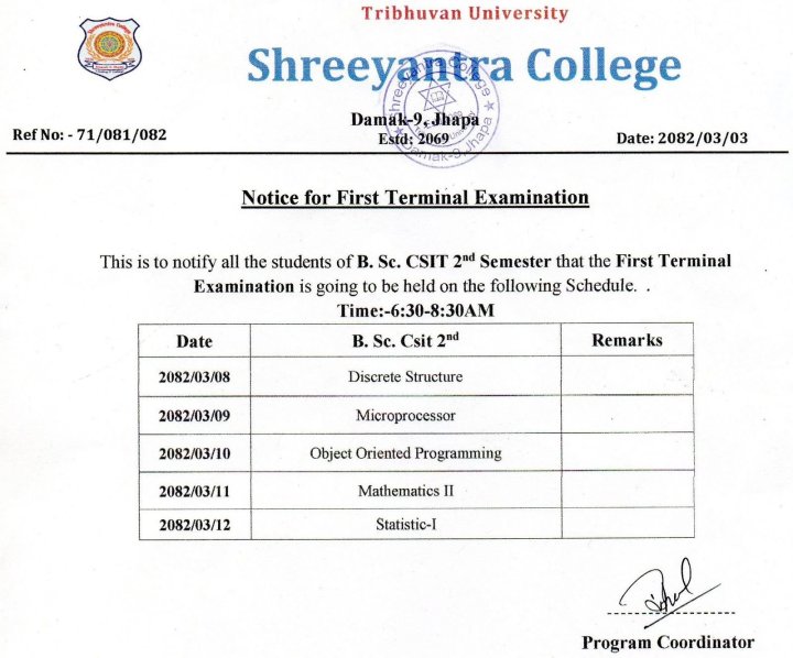Regarding First Terminal Examination 
