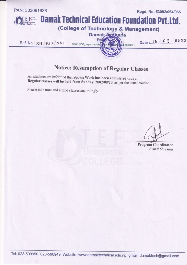 Resumption of Regular Classes