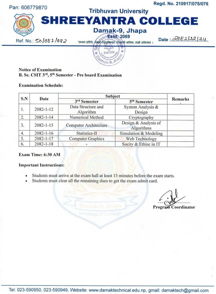Regarding Preboard Examination of BSc. CSIT 3rd & 5th Semester 