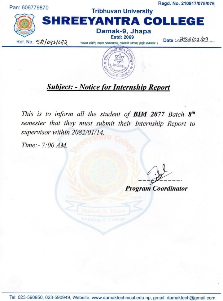 Notice for Internship Report